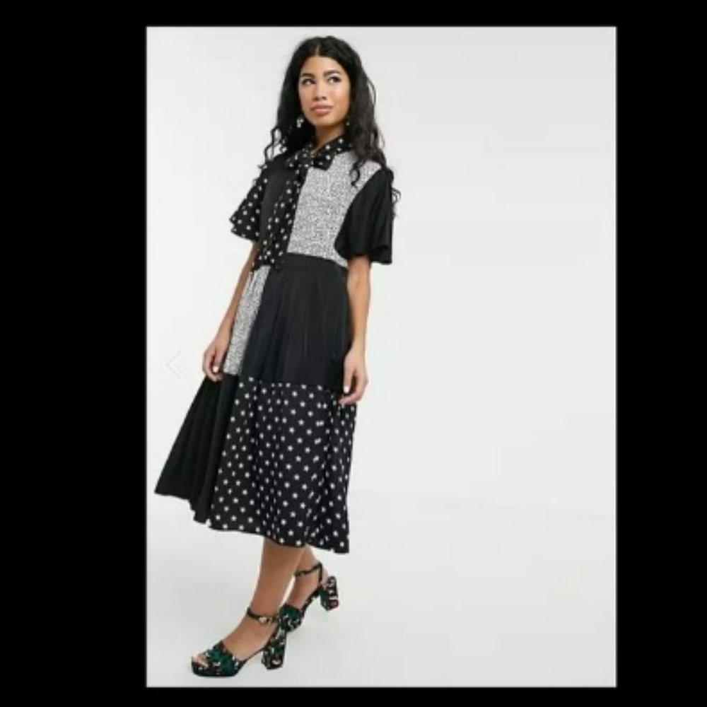 Sister Jane Black and White Star and Dot Bow Midi Dress Sz L